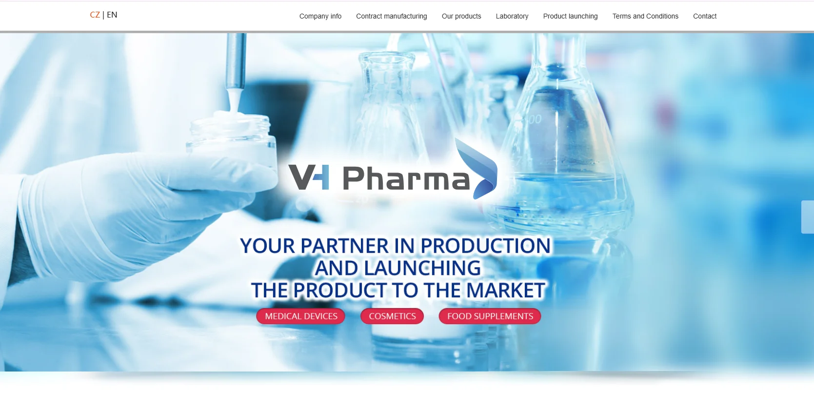 VH Pharma branding with laboratory equipment, showcasing production and market launch services for medical devices, cosmetics, and food supplements.